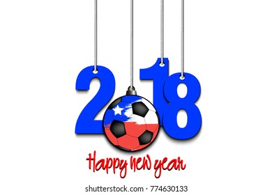 New Year numbers 2018 and soccer ball as a Christmas decorations painted in the colors of the Chile flag hanging on strings. Vector illustration