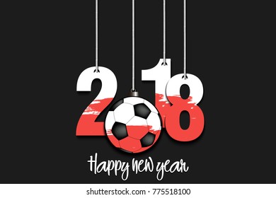 New Year numbers 2018 and soccer ball as a Christmas decorations painted in the colors of the Poland flag hanging on strings. Vector illustration