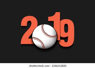 New Year numbers 2019 and baseball ball on an isolated background. Creative design pattern for greeting card, banner, poster, flyer, party invitation, calendar. Vector illustration