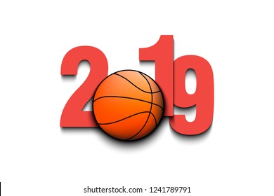 New Year numbers 2019 and basketball ball on an isolated background. Creative design pattern for greeting card, banner, poster, flyer, party invitation, calendar. Vector illustration