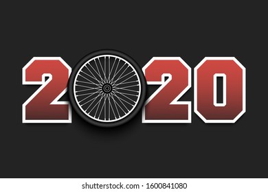 New Year numbers 2020 and bicycle wheel on an isolated background. Creative design pattern for greeting card, banner, poster, flyer, party invitation, calendar. Vector illustration