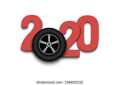 New Year numbers 2020 and car wheel on an isolated background. Creative design pattern for greeting card, banner, poster, flyer, party invitation, calendar. Vector illustration