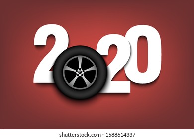 New Year numbers 2020 and car wheel on an isolated background. Creative design pattern for greeting card, banner, poster, flyer, party invitation, calendar. Vector illustration