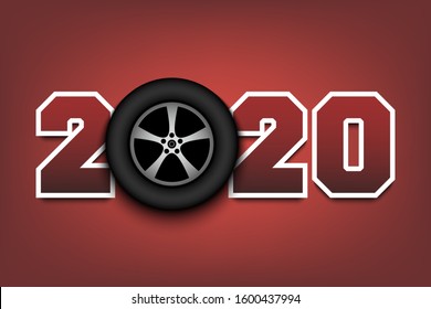 New Year numbers 2020 and car wheel on an isolated background. Creative design pattern for greeting card, banner, poster, flyer, party invitation, calendar. Vector illustration