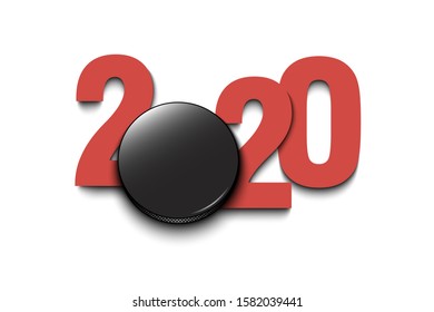 New Year numbers 2020 and hockey puck ball on an isolated background. Creative design pattern for greeting card, banner, poster, flyer, party invitation, calendar. Vector illustration