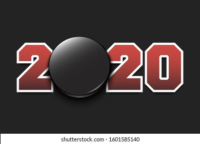 New Year numbers 2020 and hockey puck on an isolated background. Creative design pattern for greeting card, banner, poster, flyer, party invitation, calendar. Vector illustration