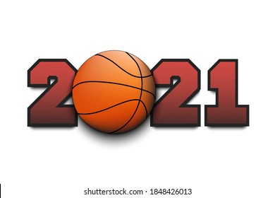 New Year numbers 2021 and basketball ball on an isolated background. Creative design pattern for greeting card, banner, poster, flyer, party invitation, calendar. Vector illustration