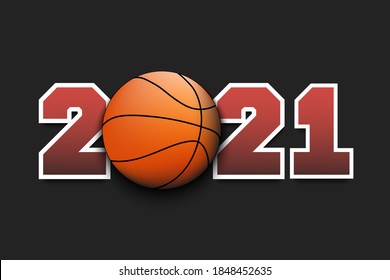 New Year numbers 2021 and basketball ball on an isolated background. Creative design pattern for greeting card, banner, poster, flyer, party invitation, calendar. Vector illustration