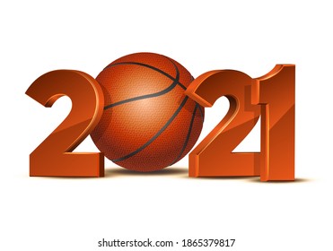 New Year numbers 2021 with basketball ball isolated on white background. Creative design pattern for greeting card, banner, poster, flyer, party invitation or calendar. Vector illustration
