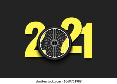 New Year numbers 2021 and bicycle wheel on an isolated background. Creative design pattern for greeting card, banner, poster, flyer, party invitation, calendar. Vector illustration