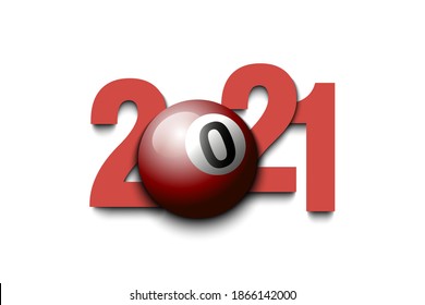 New Year numbers 2021 and billiard ball on an isolated background. Creative design pattern for greeting card, banner, poster, flyer, party invitation, calendar. Vector illustration
