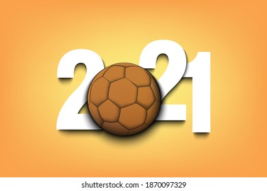 Año Nuevo número 2021 y balonmano en un fondo aislado. Diseño creativo para tarjeta de saludo, banner, afiche, volante, invitación a fiesta, calendario. Ilustración del vector