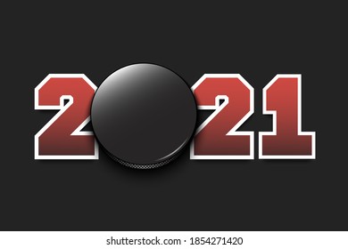 New Year numbers 2021 and hockey puck on an isolated background. Creative design pattern for greeting card, banner, poster, flyer, party invitation, calendar. Vector illustration