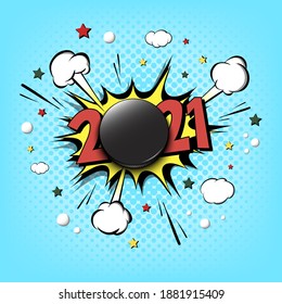 New Year numbers 2021 and hockey puck in pop art style. Comic text on speech bubbles background. Sound effect. Design Pattern for greeting card, banner, vintage comics, poster. Vector illustration