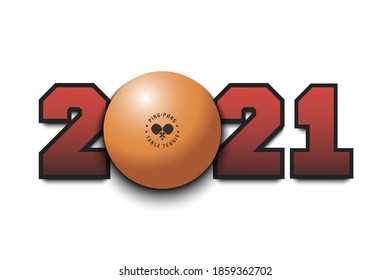 New Year numbers 2021 and ping-pong ball on an isolated background. Design pattern for greeting card, banner, poster, flyer, party invitation, calendar. Vector illustration
