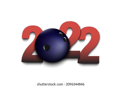Neujahrszahlen 2022 und Bowlingball auf isoliertem Hintergrund. Design Muster für Grußkarte, Banner, Poster. Vektorgrafik