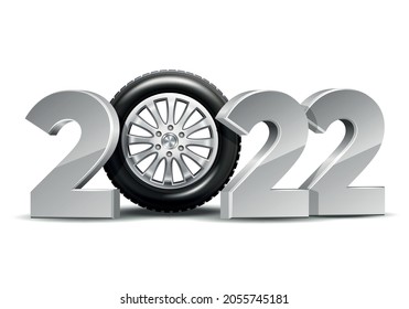 New Year numbers 2022 with car tire isolated on white background. Creative design pattern for greeting card, banner, poster, flyer, party invitation or calendar. Vector illustration