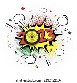 New Year numbers 2023 and bike wheel in pop art style. Comic text on speech bubbles background. Sound effect. Design Pattern for greeting card, banner, vintage comics, poster. Vector illustration