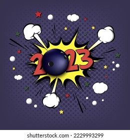 New Year numbers 2023 and bowling ball in pop art style. Comic text on speech bubbles background. Sound effect. Design Pattern for greeting card, banner, vintage comics, poster. Vector illustration