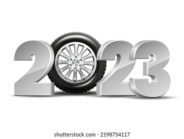 New Year numbers 2023 with car tire isolated on white background. Creative design pattern for greeting card, banner, poster, flyer, party invitation or calendar. Vector illustration