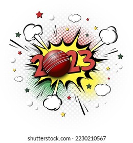 New Year numbers 2023 and cricket ball in pop art style. Comic text on speech bubbles background. Sound effect. Design Pattern for greeting card, banner, vintage comics, poster. Vector illustration