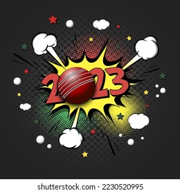 New Year numbers 2023 and cricket ball in pop art style. Comic text on speech bubbles background. Sound effect. Design Pattern for greeting card, banner, vintage comics, poster. Vector illustration
