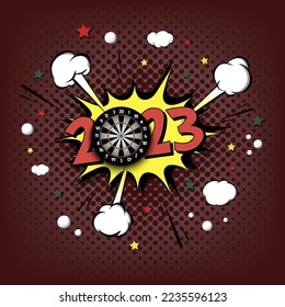 New Year numbers 2023 and dartboard in pop art style. Comic text on speech bubbles background. Sound effect. Design Pattern for greeting card, banner, vintage comics, poster. Vector illustration