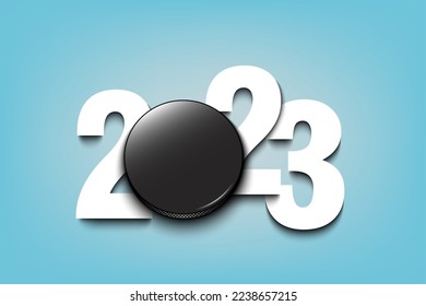 New Year numbers 2023 and hockey puck on an isolated background. Creative design pattern for greeting card, banner, poster, flyer, party invitation, calendar. Vector illustration