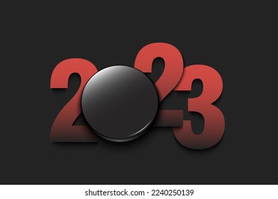 New Year numbers 2023 and hockey puck on an isolated background. Creative design pattern for greeting card, banner, poster, flyer, party invitation, calendar. Vector illustration