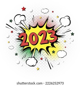 New Year numbers 2023 and soccer ball in pop art style. Comic text on speech bubbles background. Sound effect. Design Pattern for greeting card, banner, vintage comics, poster. Vector illustration