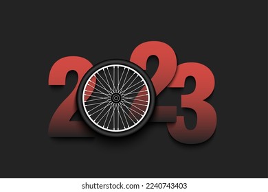 New Year numbers 2023 and wheel bike on an isolated background. Creative design pattern for greeting card, banner, poster, flyer, party invitation, calendar. Vector illustration