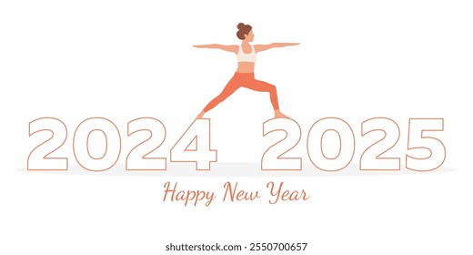 Números de año Nuevo 2024 y 2025. Mujer demostrando pose de yoga, estiramiento, ejercicio. Diseño de Festiva, invitación, cartel de calendario, Anuncio. Ilustración vectorial aislada sobre fondo blanco