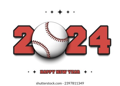 New Year numbers 2024 and baseball ball on an isolated background. Creative design pattern for greeting card, banner, poster, flyer, party invitation, calendar. Vector illustration