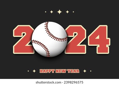 Neujahrszahlen 2024 und Baseballball auf isoliertem Hintergrund. Kreatives Design-Muster für Grußkarte, Banner, Poster, Flyer, Partyeinladung, Kalender. Vektorgrafik