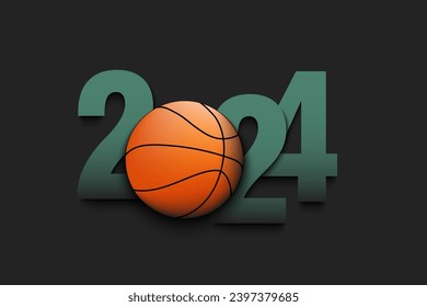 New Year numbers 2024 and basketball ball on an isolated background. Creative design pattern for greeting card, banner, poster, flyer, party invitation, calendar. Vector illustration