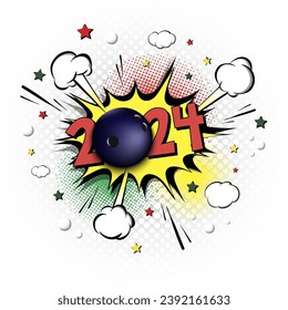 New Year numbers 2024 and bowling ball in pop art style. Comic text on speech bubbles background. Sound effect. Design Pattern for greeting card, banner, vintage comics, poster. Vector illustration