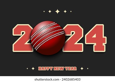 New Year numbers 2024 and cricket ball on an isolated background. Creative design pattern for greeting card, banner, poster, flyer, party invitation, calendar. Vector illustration