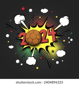 New Year numbers 2024 and handball ball in pop art style. Comic text on speech bubbles background. Sound effect. Design Pattern for greeting card, banner, vintage comics, poster. Vector illustration