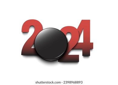 New Year numbers 2024 and hockey puck on an isolated background. Creative design pattern for greeting card, banner, poster, flyer, party invitation, calendar. Vector illustration