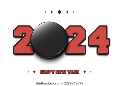 New Year numbers 2024 and hockey puck on an isolated background. Creative design pattern for greeting card, banner, poster, flyer, party invitation, calendar. Vector illustration