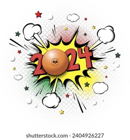 New Year numbers 2024 and ping-pong ball in pop art style. Comic text on speech bubbles background. Sound effect. Design Pattern for greeting card, banner, vintage comics, poster. Vector illustration