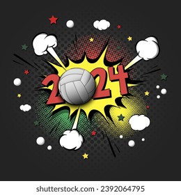 New Year numbers 2024 and volleyball ball in pop art style. Comic text on speech bubbles background. Sound effect. Design Pattern for greeting card, banner, vintage comics, poster. Vector illustration
