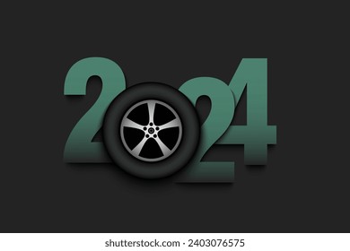New Year numbers 2024 and wheel car on an isolated background. Creative design pattern for greeting card, banner, poster, flyer, party invitation, calendar. Vector illustration