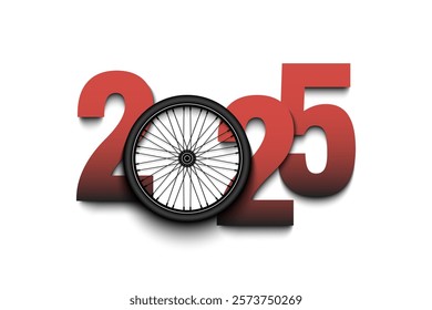 New Year numbers 2025 and bike wheel on an isolated background. Creative design pattern for greeting card, banner, poster, flyer, party invitation, calendar. Vector illustration