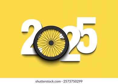 New Year numbers 2025 and bike wheel on an isolated background. Creative design pattern for greeting card, banner, poster, flyer, party invitation, calendar. Vector illustration