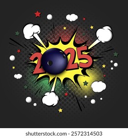 New Year numbers 2025 and bowling ball in pop art style. Comic text on speech bubbles background. Sound effect. Design Pattern for greeting card, banner, vintage comics, poster. Vector illustration