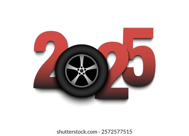 New Year numbers 2025 and car wheel on an isolated background. Creative design pattern for greeting card, banner, poster, flyer, party invitation, calendar. Vector illustration