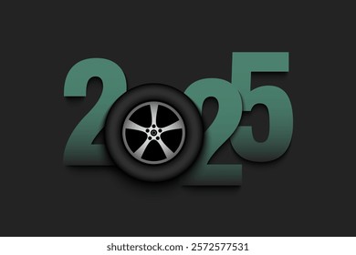 New Year numbers 2025 and car wheel on an isolated background. Creative design pattern for greeting card, banner, poster, flyer, party invitation, calendar. Vector illustration