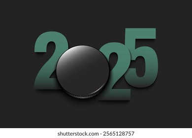 New Year numbers 2025 and hockey puck on an isolated background. Creative design pattern for greeting card, banner, poster, flyer, party invitation, calendar. Vector illustration