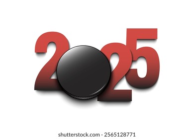 New Year numbers 2025 and hockey puck on an isolated background. Creative design pattern for greeting card, banner, poster, flyer, party invitation, calendar. Vector illustration